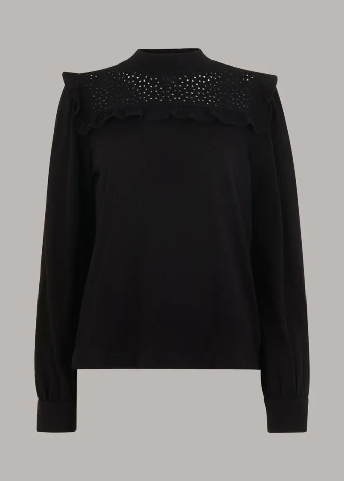 Whistles Broderie Yoke Frill Detail Top Black Women Tops