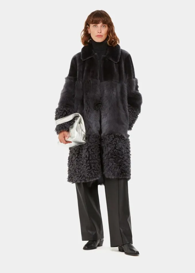 Whistles Cossma Shearling Longline Coat Grey Women Coats and Jackets