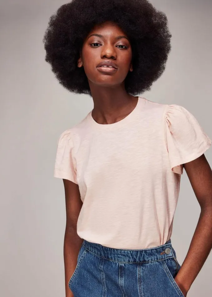 Whistles Cotton Frill Sleeve TShirt Pale Pink Women Tops
