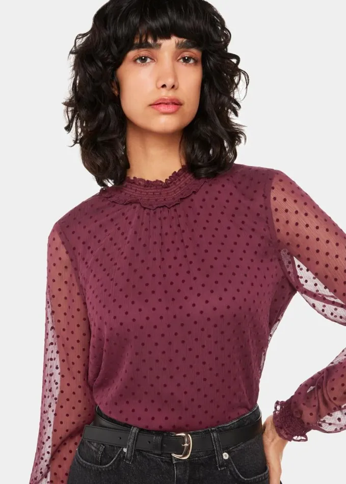 Whistles Dobby Velvet Shirred Top Burgundy Women Tops