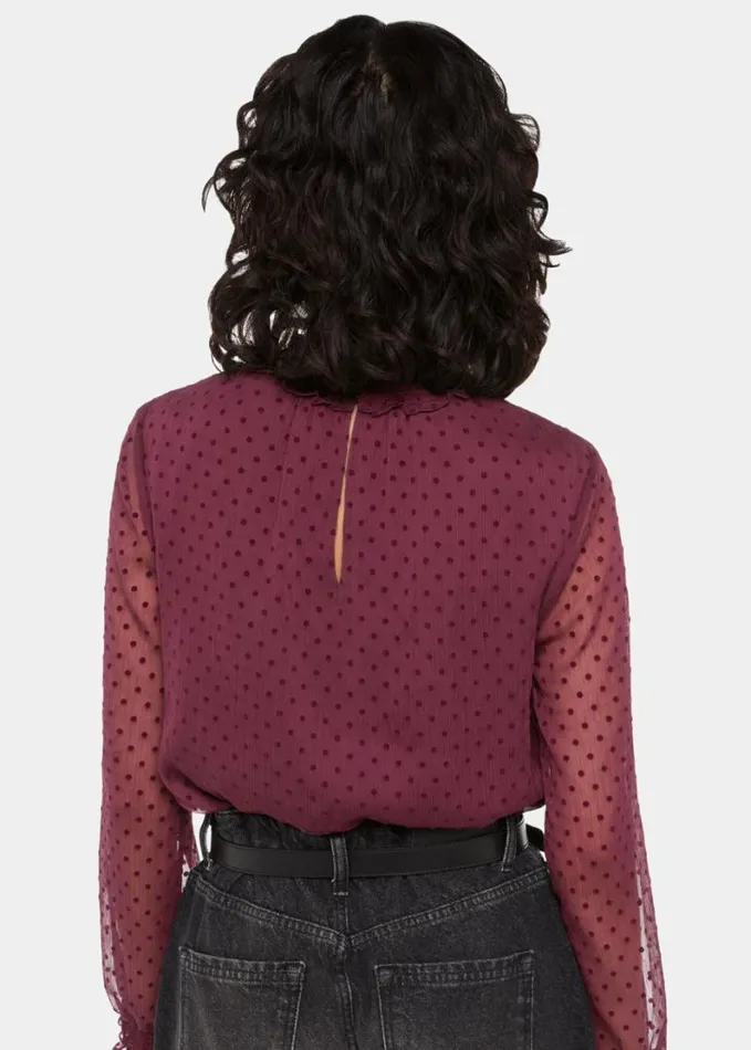Whistles Dobby Velvet Shirred Top Burgundy Women Tops