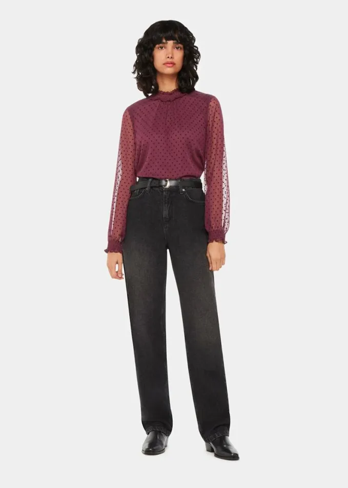 Whistles Dobby Velvet Shirred Top Burgundy Women Tops