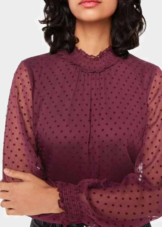 Whistles Dobby Velvet Shirred Top Burgundy Women Tops