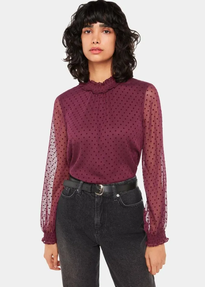Whistles Dobby Velvet Shirred Top Burgundy Women Tops