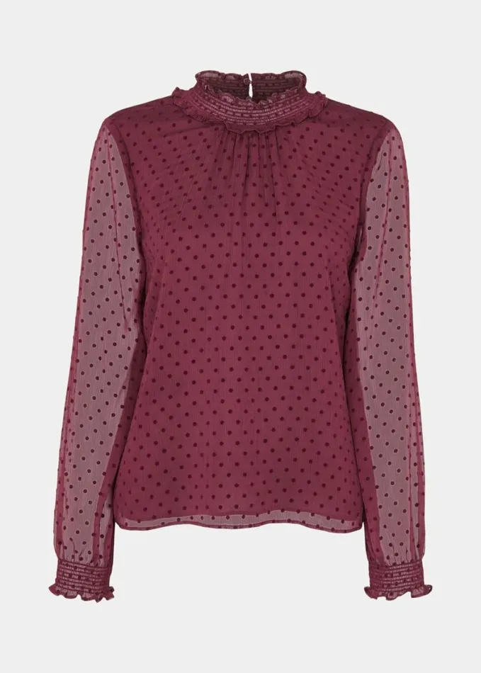 Whistles Dobby Velvet Shirred Top Burgundy Women Tops