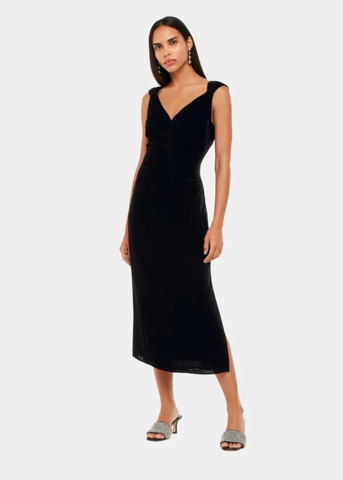 Whistles Draped Velvet Midi Dress Black Women Dresses