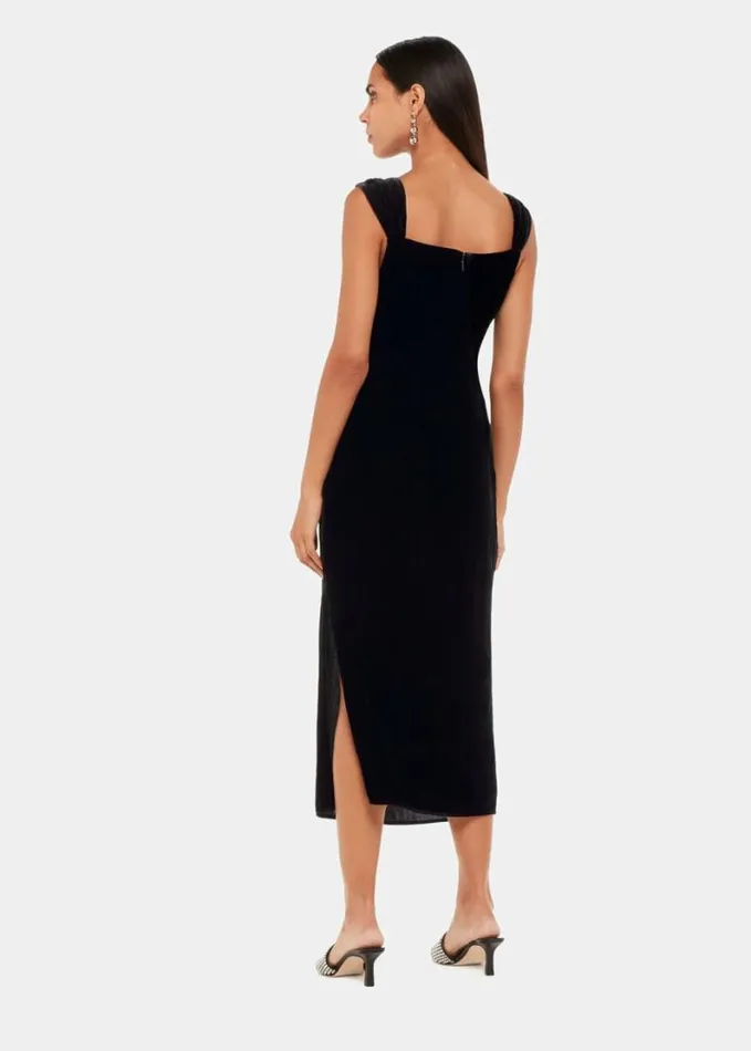 Whistles Draped Velvet Midi Dress Black Women Dresses