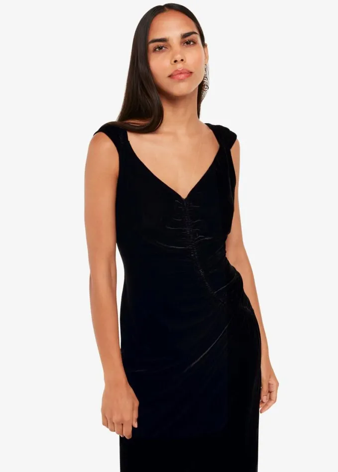 Whistles Draped Velvet Midi Dress Black Women Dresses