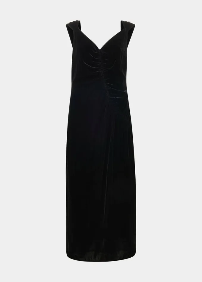 Whistles Draped Velvet Midi Dress Black Women Dresses