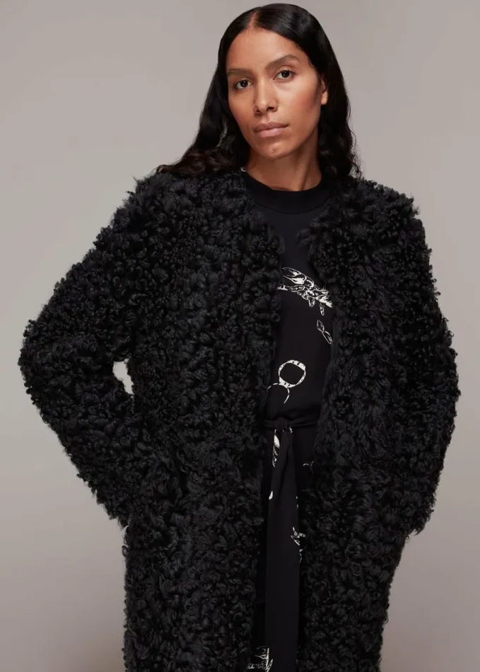 Whistles Eliza Shearling Coat Dark Grey Women Coats and Jackets