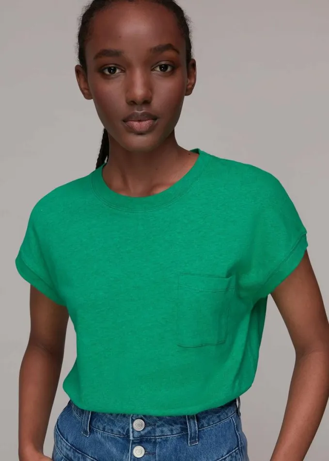 Whistles Ember Linen Mix Pocket Tee Green Women Tops
