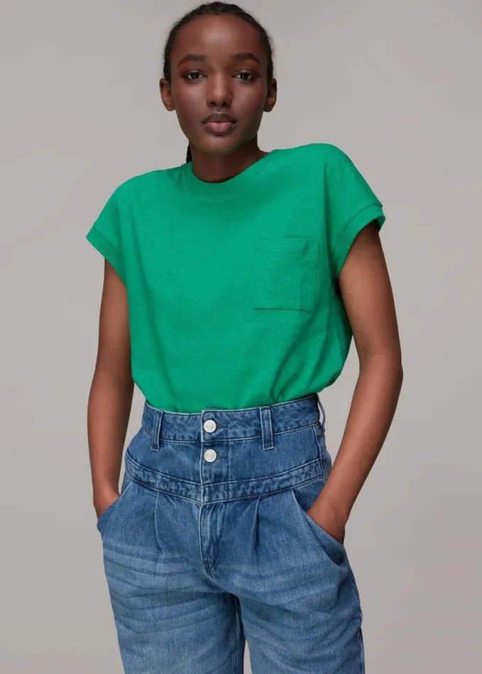 Whistles Ember Linen Mix Pocket Tee Green Women Tops