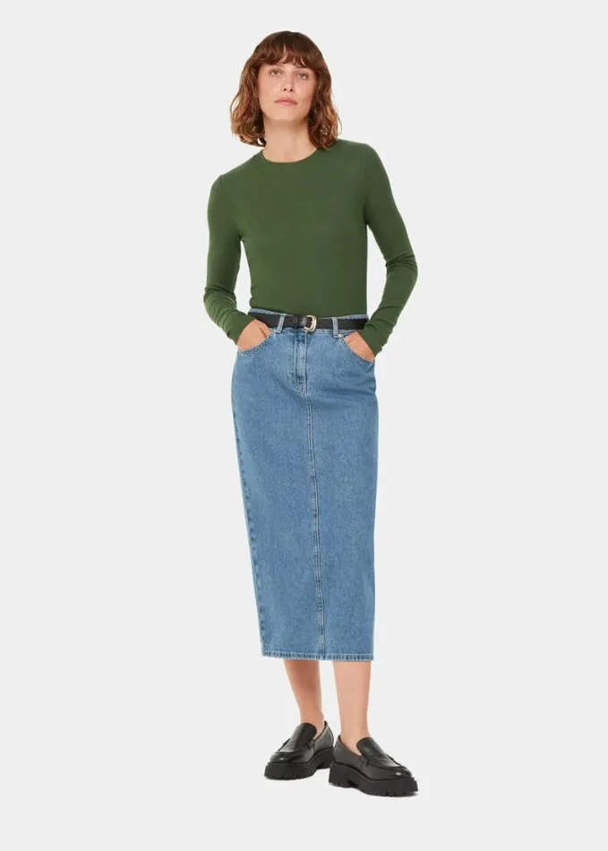 Whistles Essential Ribbed Crew Khaki Women Tops