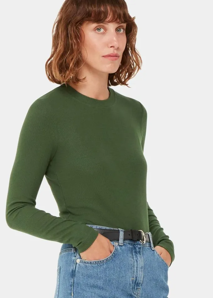 Whistles Essential Ribbed Crew Khaki Women Tops