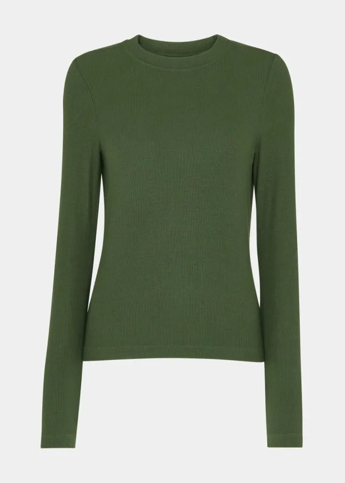 Whistles Essential Ribbed Crew Khaki Women Tops