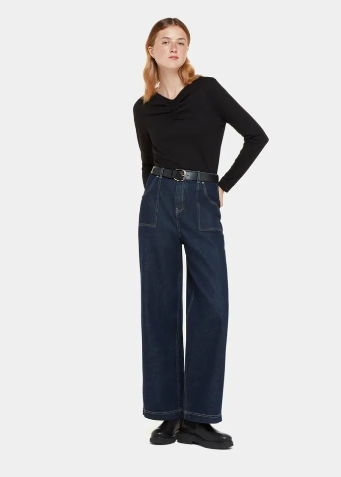 Whistles High V Neck Ruched Top Black Women Tops