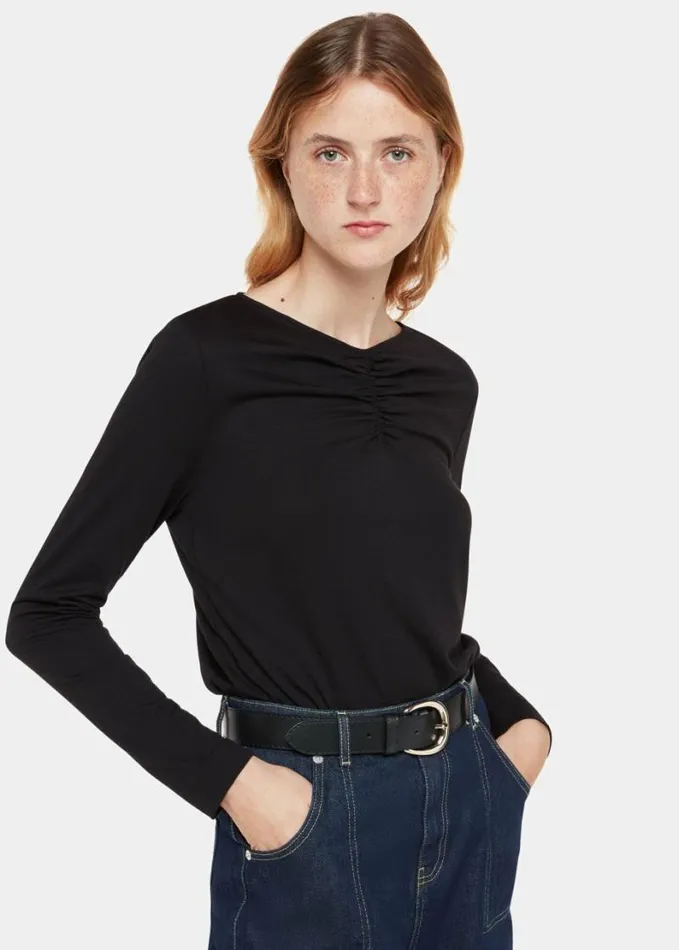 Whistles High V Neck Ruched Top Black Women Tops