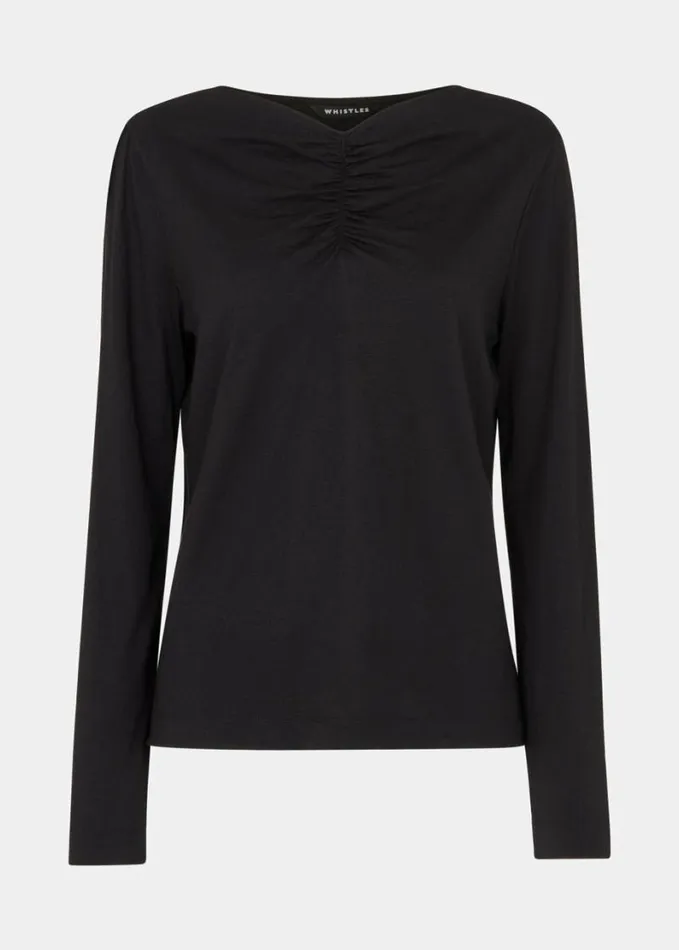 Whistles High V Neck Ruched Top Black Women Tops
