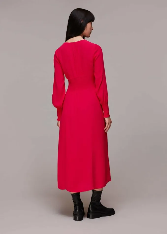 Whistles Ilana Shirred Midi Dress Pink Women Dresses