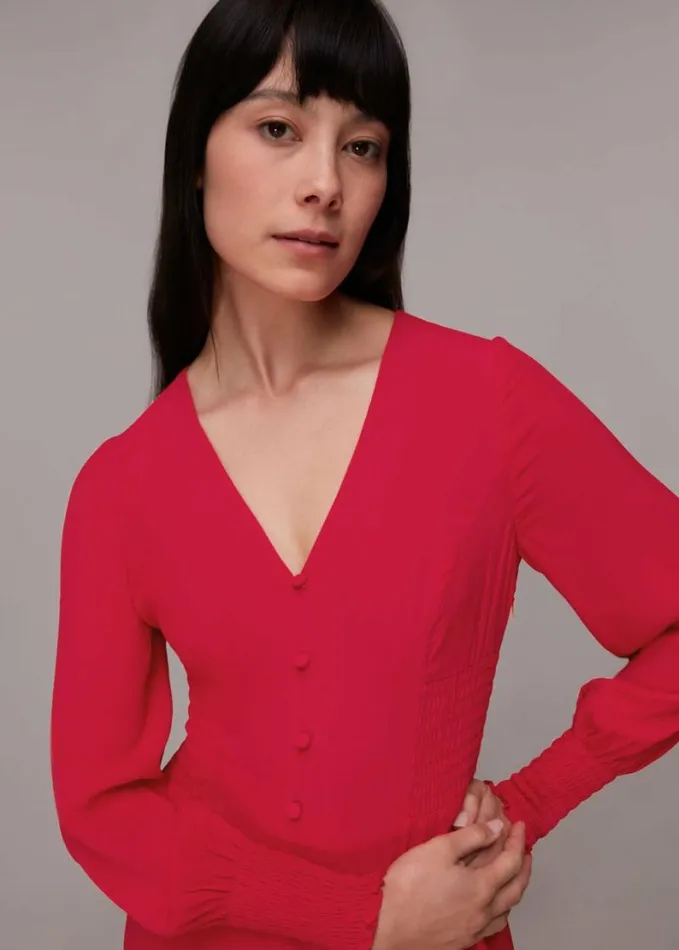 Whistles Ilana Shirred Midi Dress Pink Women Dresses