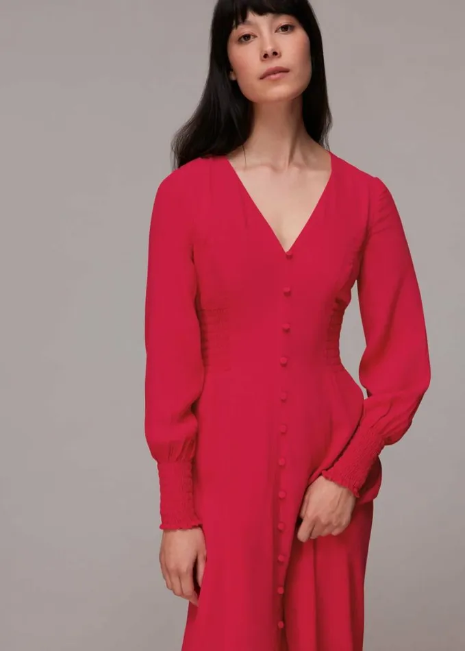 Whistles Ilana Shirred Midi Dress Pink Women Dresses