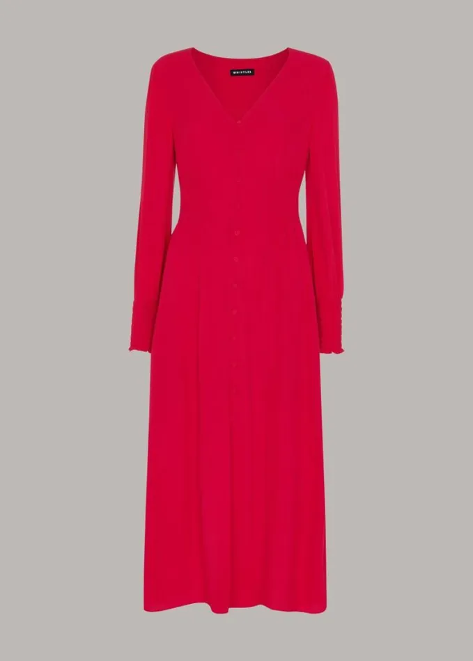 Whistles Ilana Shirred Midi Dress Pink Women Dresses