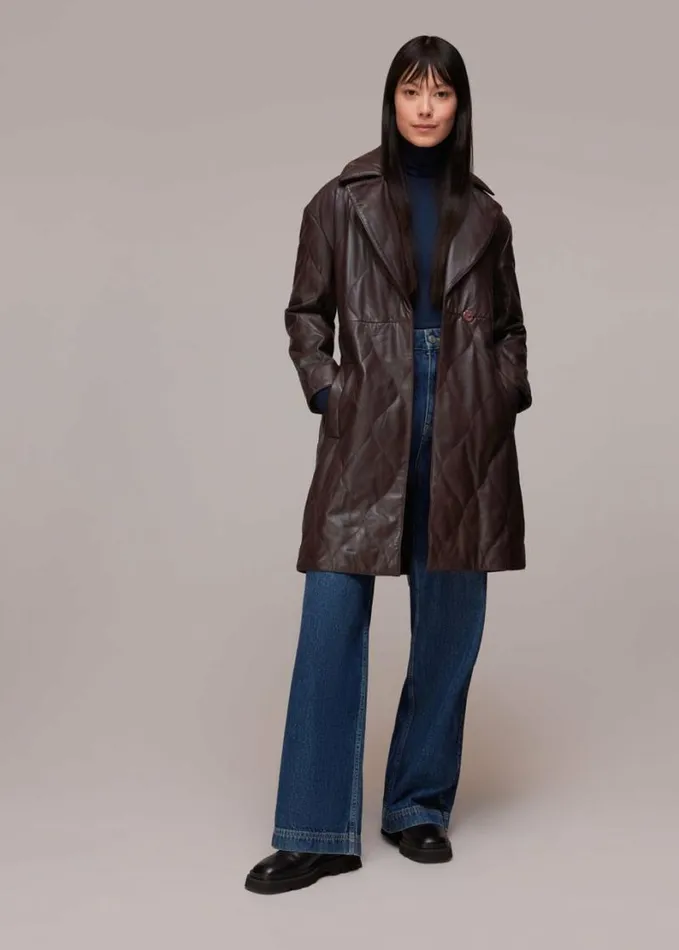 Whistles Luna Leather Belted Jacket Burgundy Women Coats and Jackets