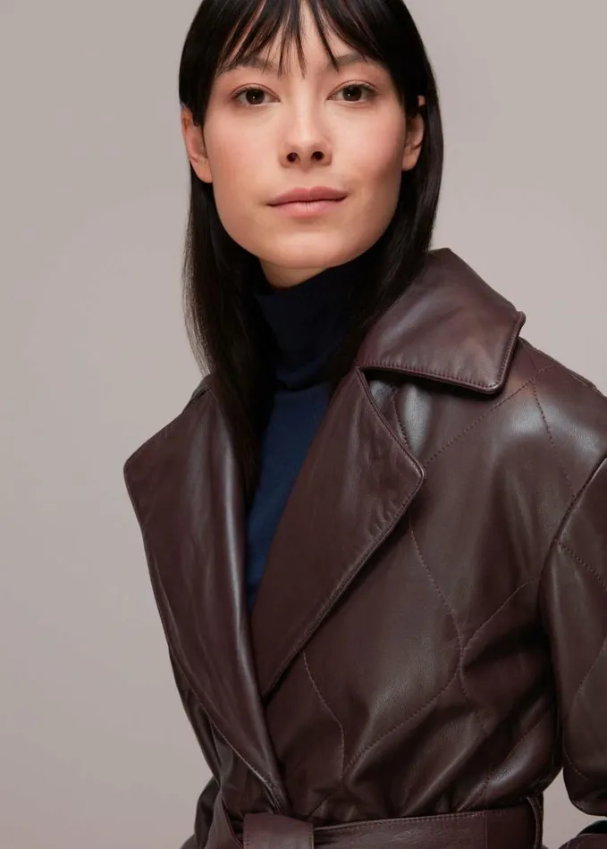 Whistles Luna Leather Belted Jacket Burgundy Women Coats and Jackets