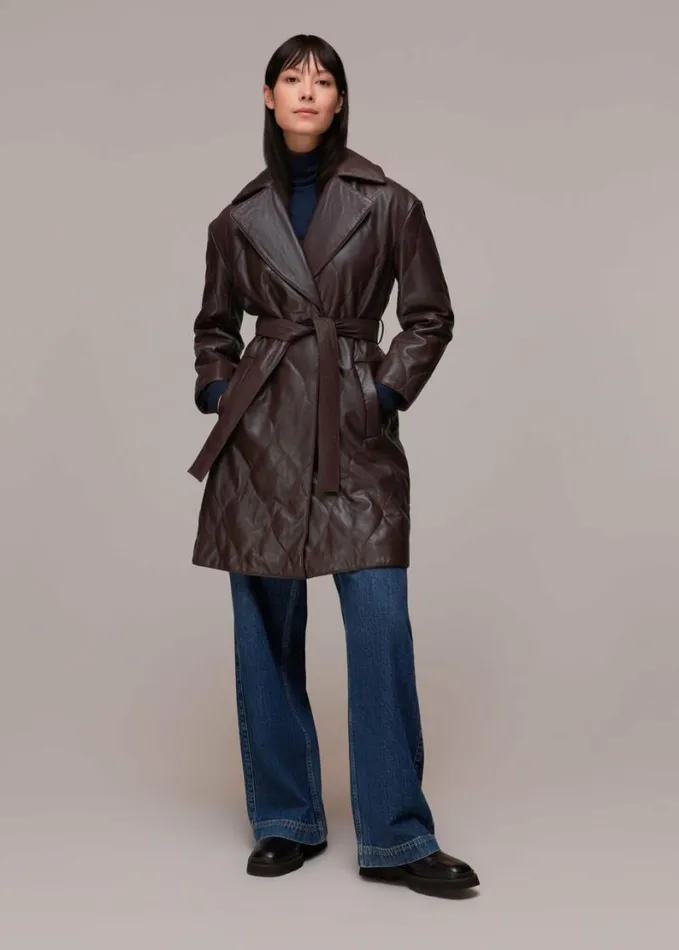 Whistles Luna Leather Belted Jacket Burgundy Women Coats and Jackets