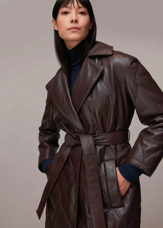 Whistles Luna Leather Belted Jacket Burgundy Women Coats and Jackets