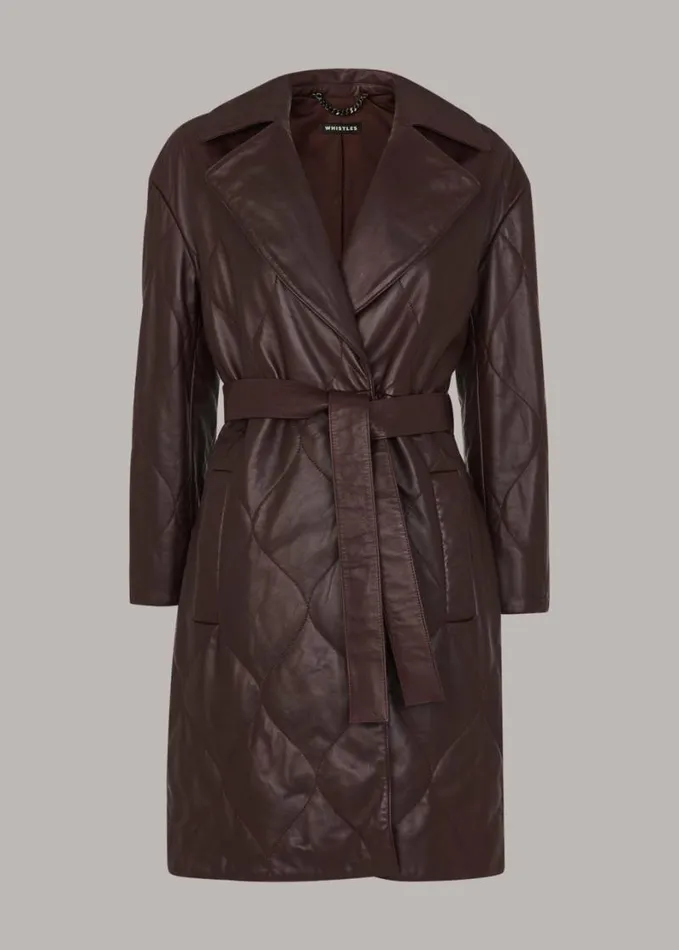 Whistles Luna Leather Belted Jacket Burgundy Women Coats and Jackets