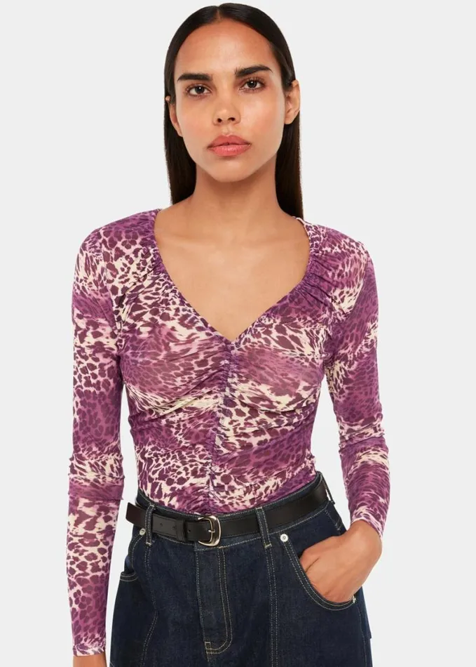 Whistles Sahara Leopard Mesh Ruched Top Pinkmulti Women Tops