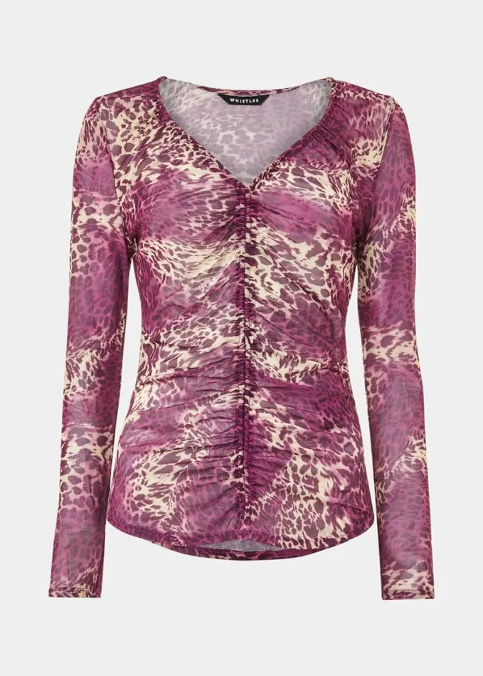 Whistles Sahara Leopard Mesh Ruched Top Pinkmulti Women Tops