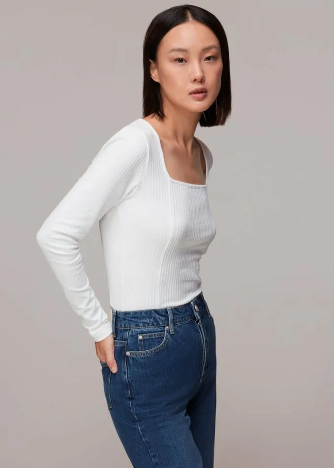 Whistles Square Neck Long Sleeve Rib White Women Tops