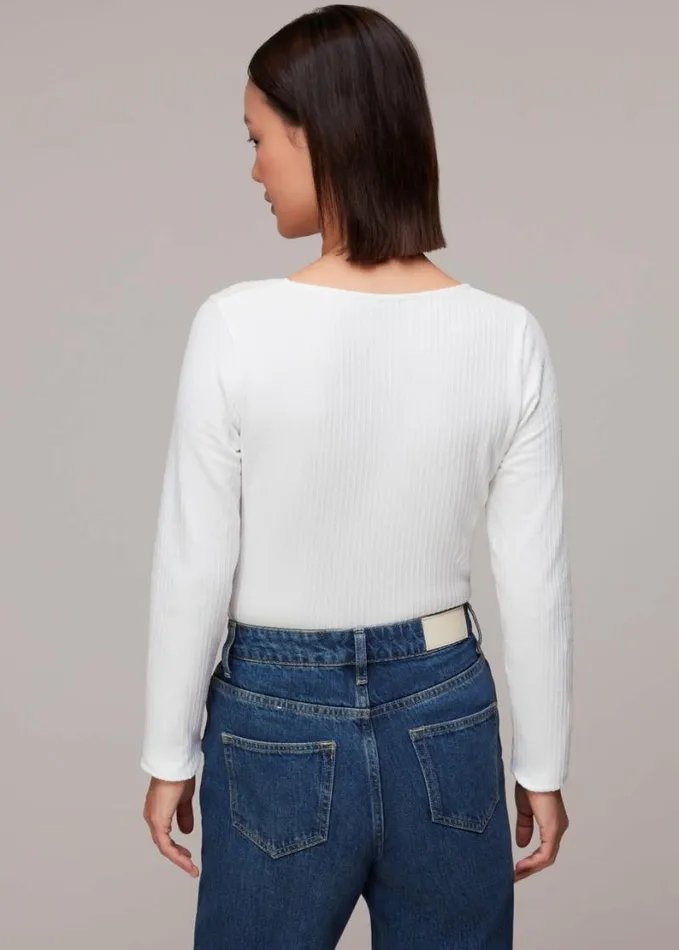 Whistles Square Neck Long Sleeve Rib White Women Tops