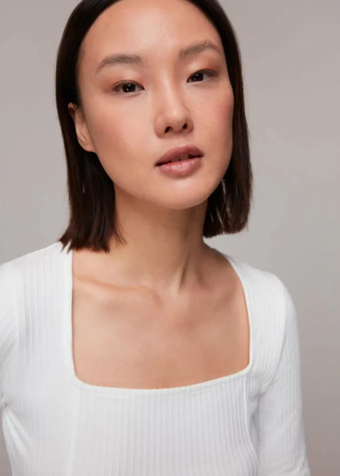 Whistles Square Neck Long Sleeve Rib White Women Tops