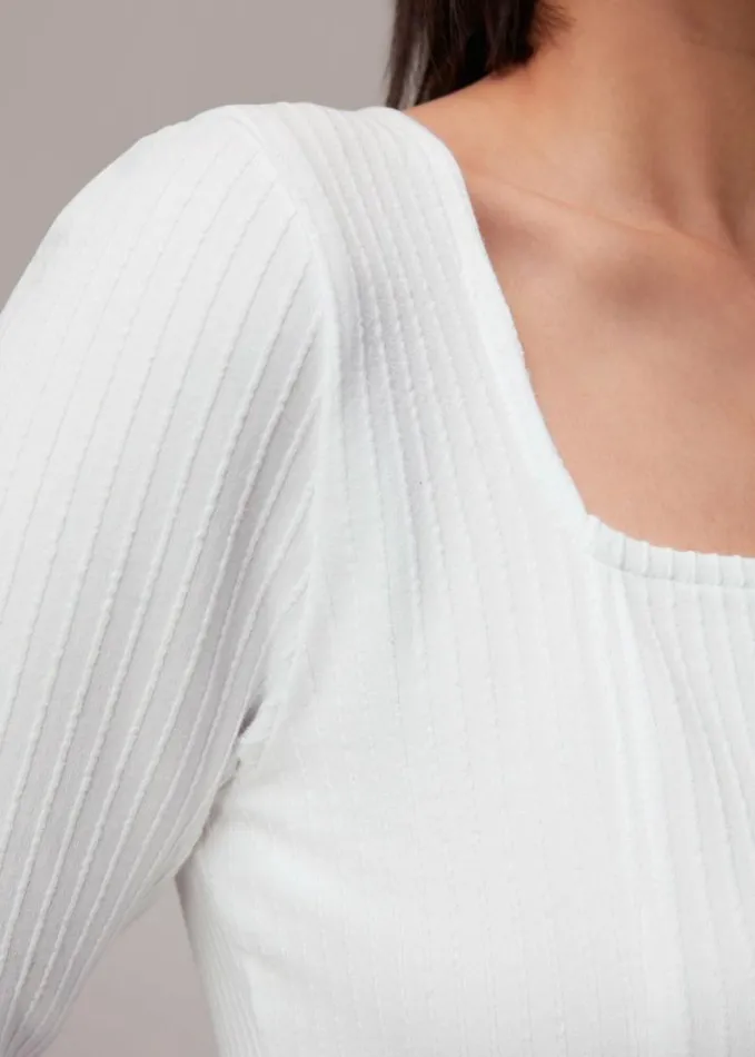 Whistles Square Neck Long Sleeve Rib White Women Tops