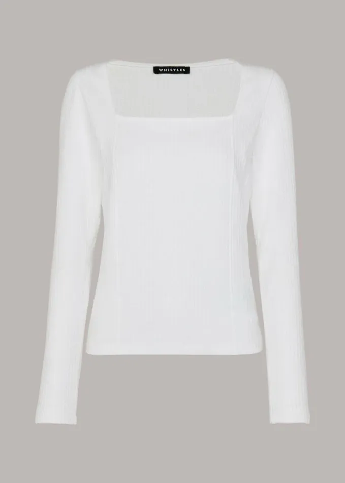 Whistles Square Neck Long Sleeve Rib White Women Tops
