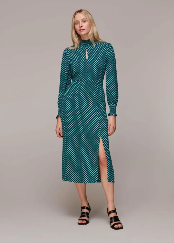 Whistles Star Check Print Midi Dress Greenmulti Women Dresses