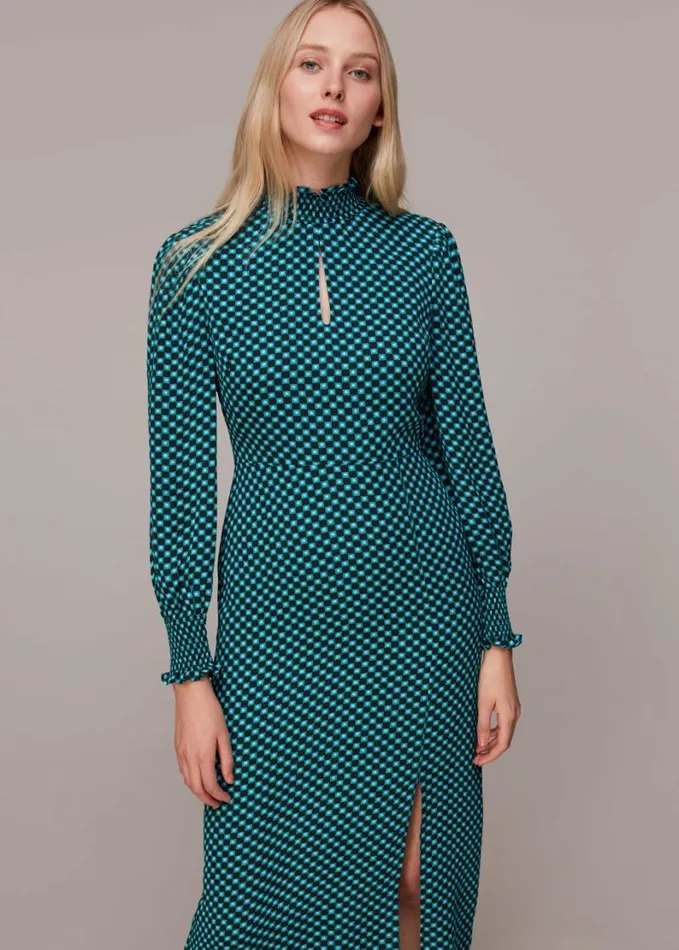 Whistles Star Check Print Midi Dress Greenmulti Women Dresses