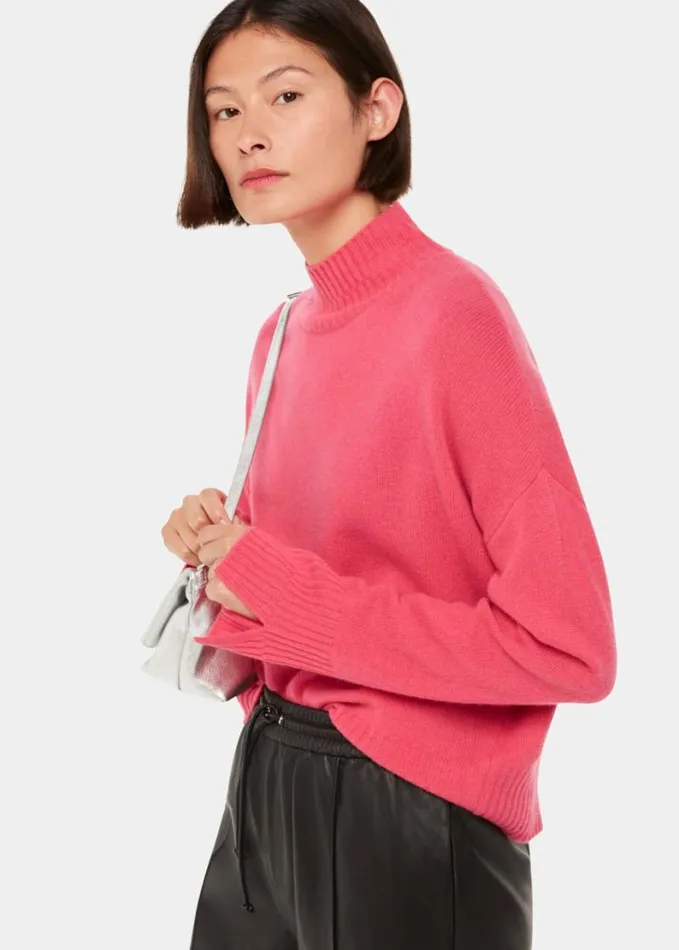 Whistles Wool Double Trim Funnel Neck Pink Women Sweaters and Cashmere