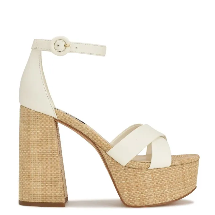Willie Platform Sandals White Raffia Women Nine West Heels