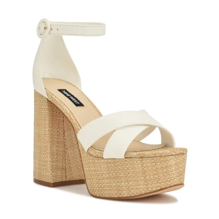 Willie Platform Sandals White Raffia Women Nine West Heels Willie Platform Sandals White Raffia Women Nine West Heels