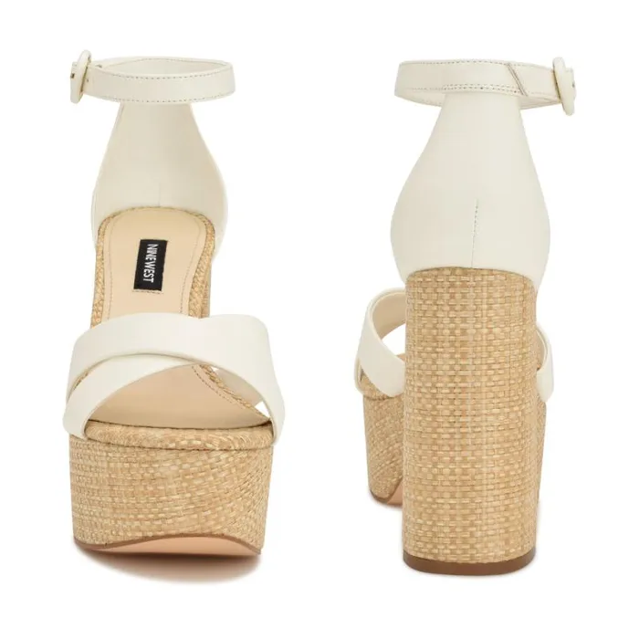 Willie Platform Sandals White Raffia Women Nine West Heels Willie Platform Sandals White Raffia Women Nine West Heels