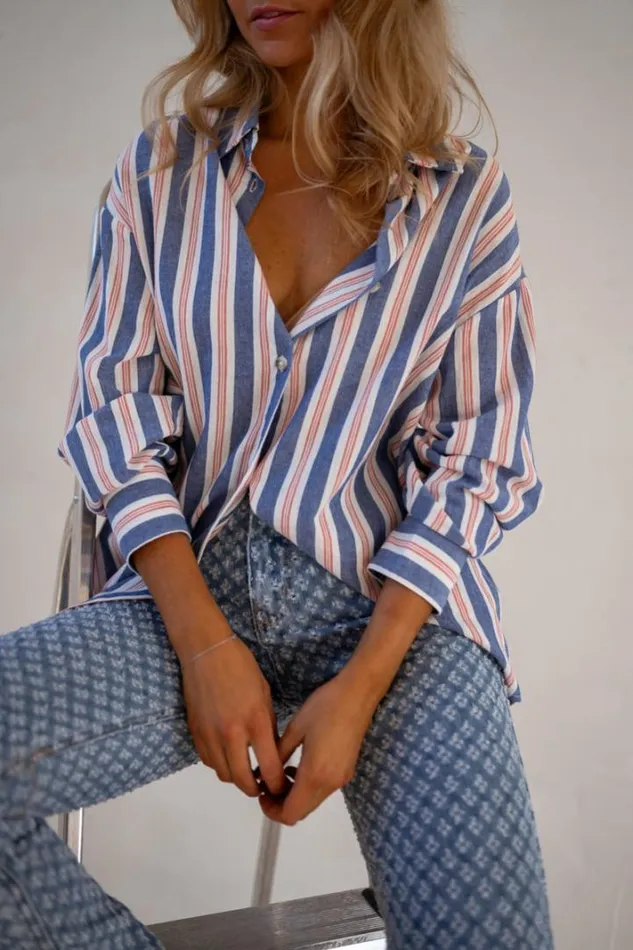 Women039s Clothing Shirts Easy Clothes Blue Striped Sally Shirt Women039s Clothing Shirts Easy Clothes Blue Striped Sally Shirt