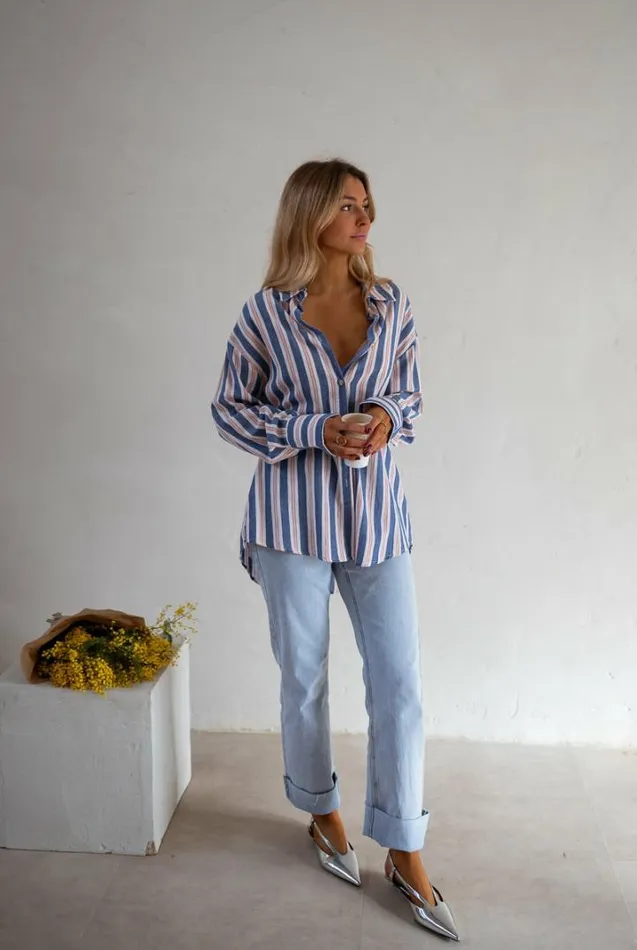 Women039s Clothing Shirts Easy Clothes Blue Striped Sally Shirt Women039s Clothing Shirts Easy Clothes Blue Striped Sally Shirt