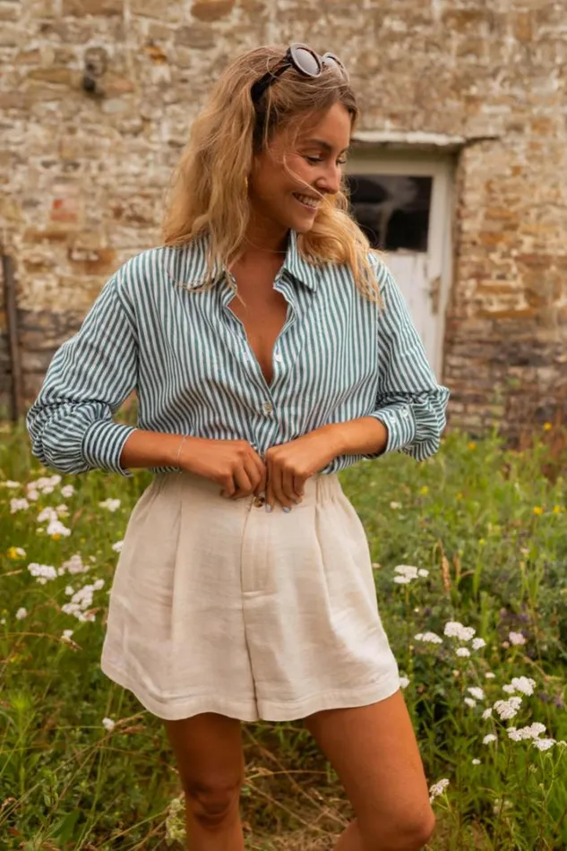 Women039s Clothing Shirts Easy Clothes Green Striped Marine Shirt