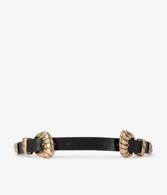 Women Belts THE KOOPLES Thin Black Leather Double Buckle Belt