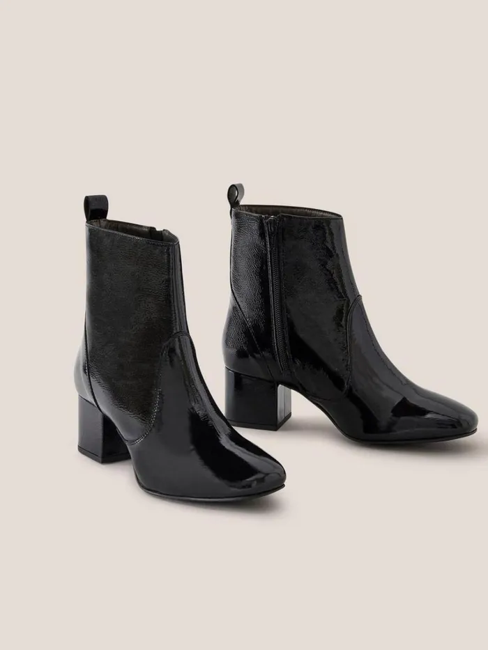Women BOOTS White Stuff Cilla Patent Mid Heel Boot Pure Black