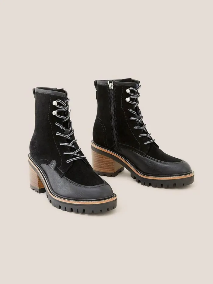 Women BOOTS White Stuff Mid Heel Suede Lace Up Boot Pure Black